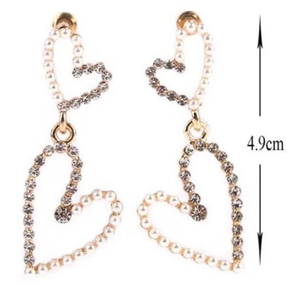 🏷️ Open Heart Post Earrings Clear Crystals Faux Pearls Gold Tone - Picture 3 of 5